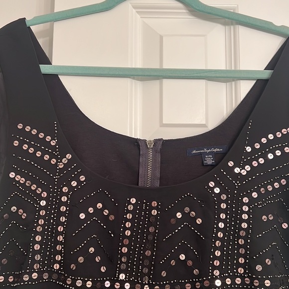 Beaded and Sequined Gray Mini Holiday Party Dress - Picture 2 of 4